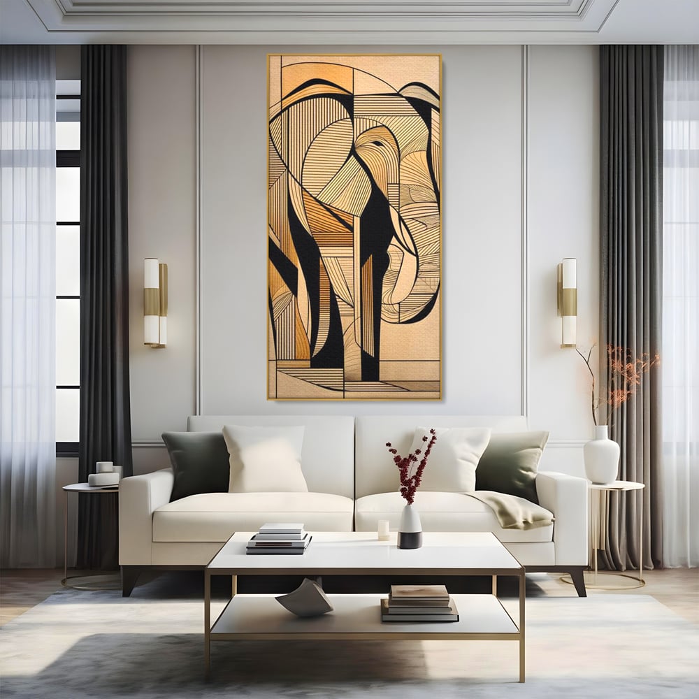 Tablou canvas cu tablou canvas cu elefant geometric, in rama de aluminiu auriu, pe perete intr-un living
